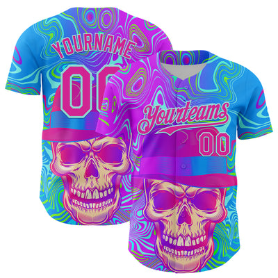 Custom Blue Deep Pink-Ice Blue 3D Pattern Design Trippy Magic Mushrooms Skull Authentic Baseball Jersey