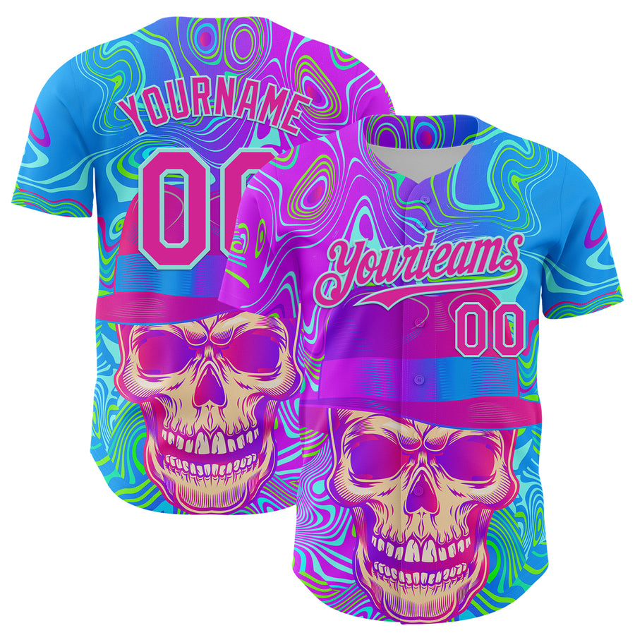 Custom Blue Deep Pink-Ice Blue 3D Pattern Design Trippy Magic Mushrooms Skull Authentic Baseball Jersey