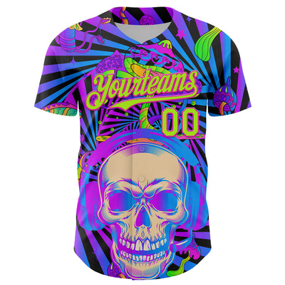 Custom Purple Neon Green-Deep Pink 3D Pattern Design Trippy Magic Mushrooms Skull Authentic Baseball Jersey