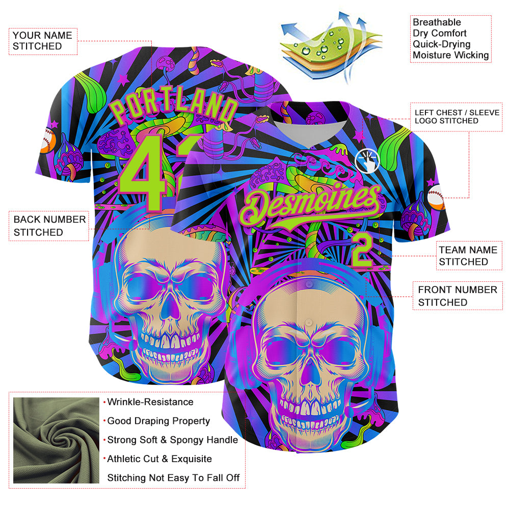 Custom Purple Neon Green-Deep Pink 3D Pattern Design Trippy Magic Mushrooms Skull Authentic Baseball Jersey