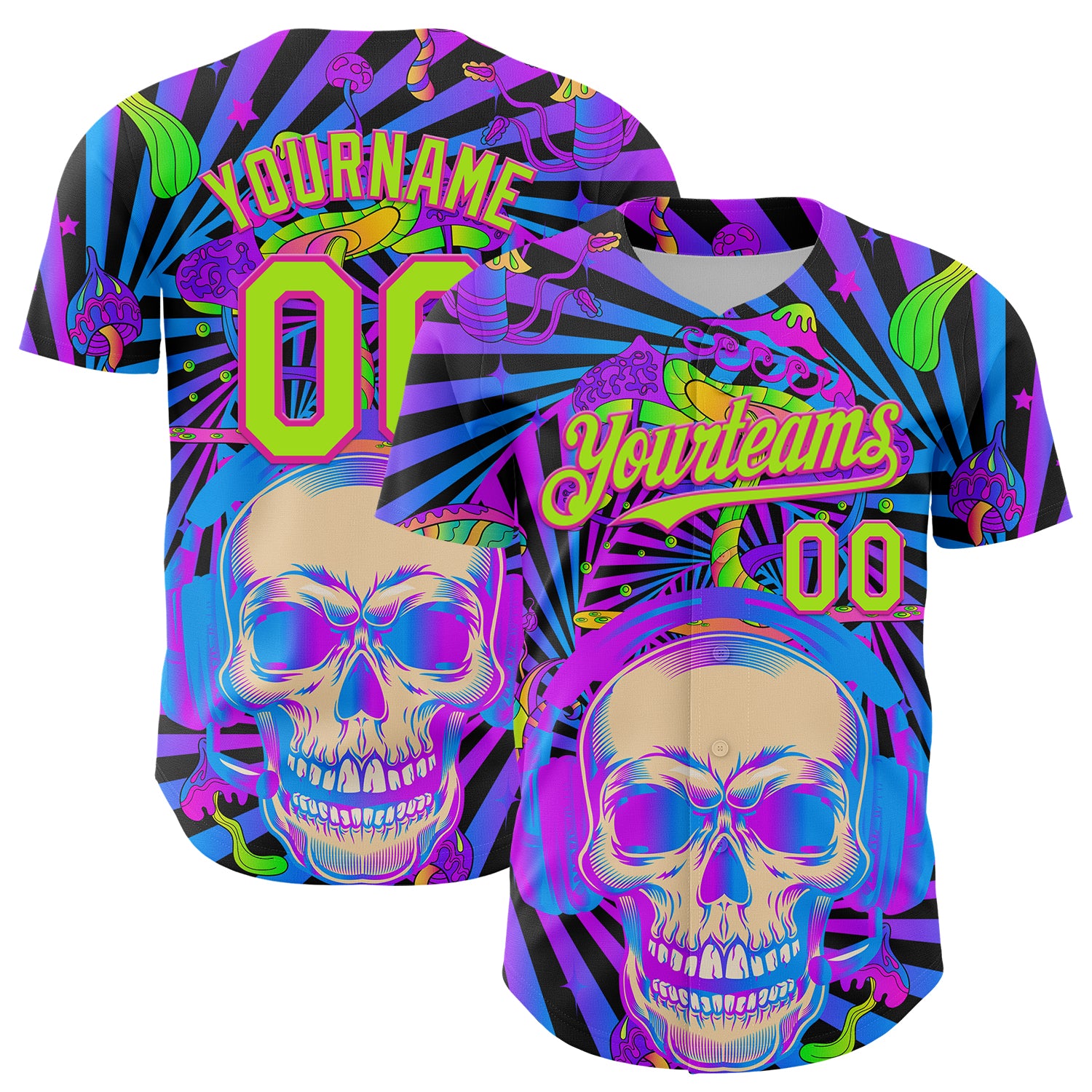 Custom Purple Neon Green-Deep Pink 3D Pattern Design Trippy Magic Mushrooms Skull Authentic Baseball Jersey