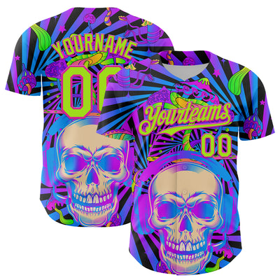Custom Purple Neon Green-Deep Pink 3D Pattern Design Trippy Magic Mushrooms Skull Authentic Baseball Jersey