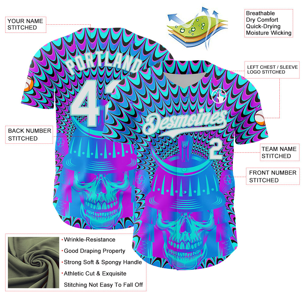 Custom Purple White-Ice Blue 3D Pattern Design Trippy Magic Mushrooms Skull Authentic Baseball Jersey