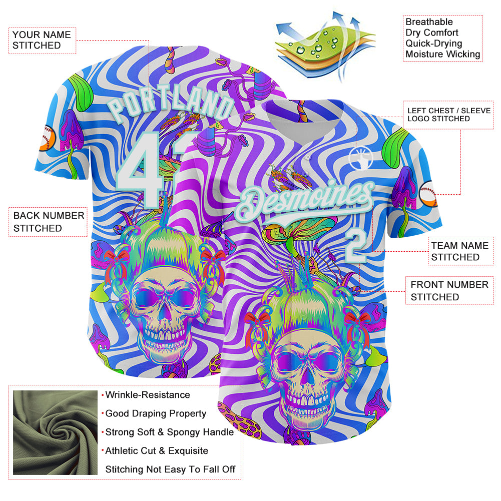 Custom Purple White-Ice Blue 3D Pattern Design Trippy Magic Mushrooms Skull Authentic Baseball Jersey