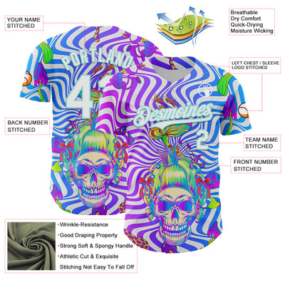 Custom Purple White-Ice Blue 3D Pattern Design Trippy Magic Mushrooms Skull Authentic Baseball Jersey