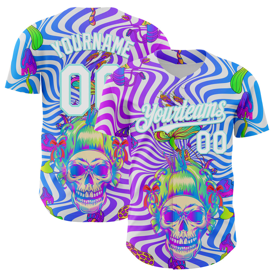 Custom Purple White-Ice Blue 3D Pattern Design Trippy Magic Mushrooms Skull Authentic Baseball Jersey