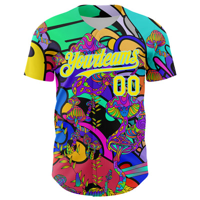 Custom Green Light Yellow-Ice Blue 3D Pattern Design Trippy Magic Mushrooms Hippie Authentic Baseball Jersey