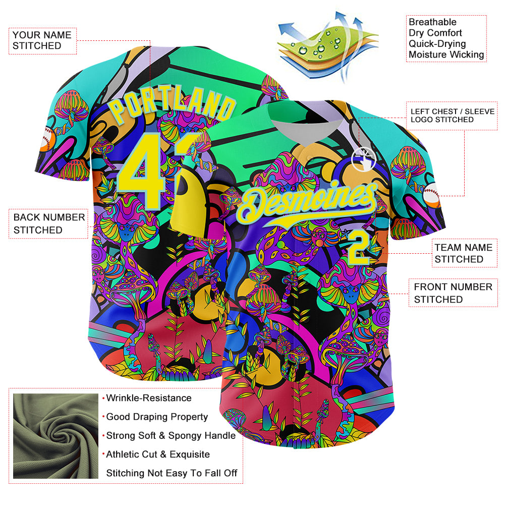 Custom Green Light Yellow-Ice Blue 3D Pattern Design Trippy Magic Mushrooms Hippie Authentic Baseball Jersey