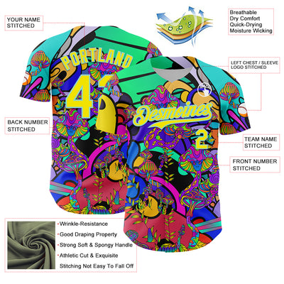 Custom Green Light Yellow-Ice Blue 3D Pattern Design Trippy Magic Mushrooms Hippie Authentic Baseball Jersey