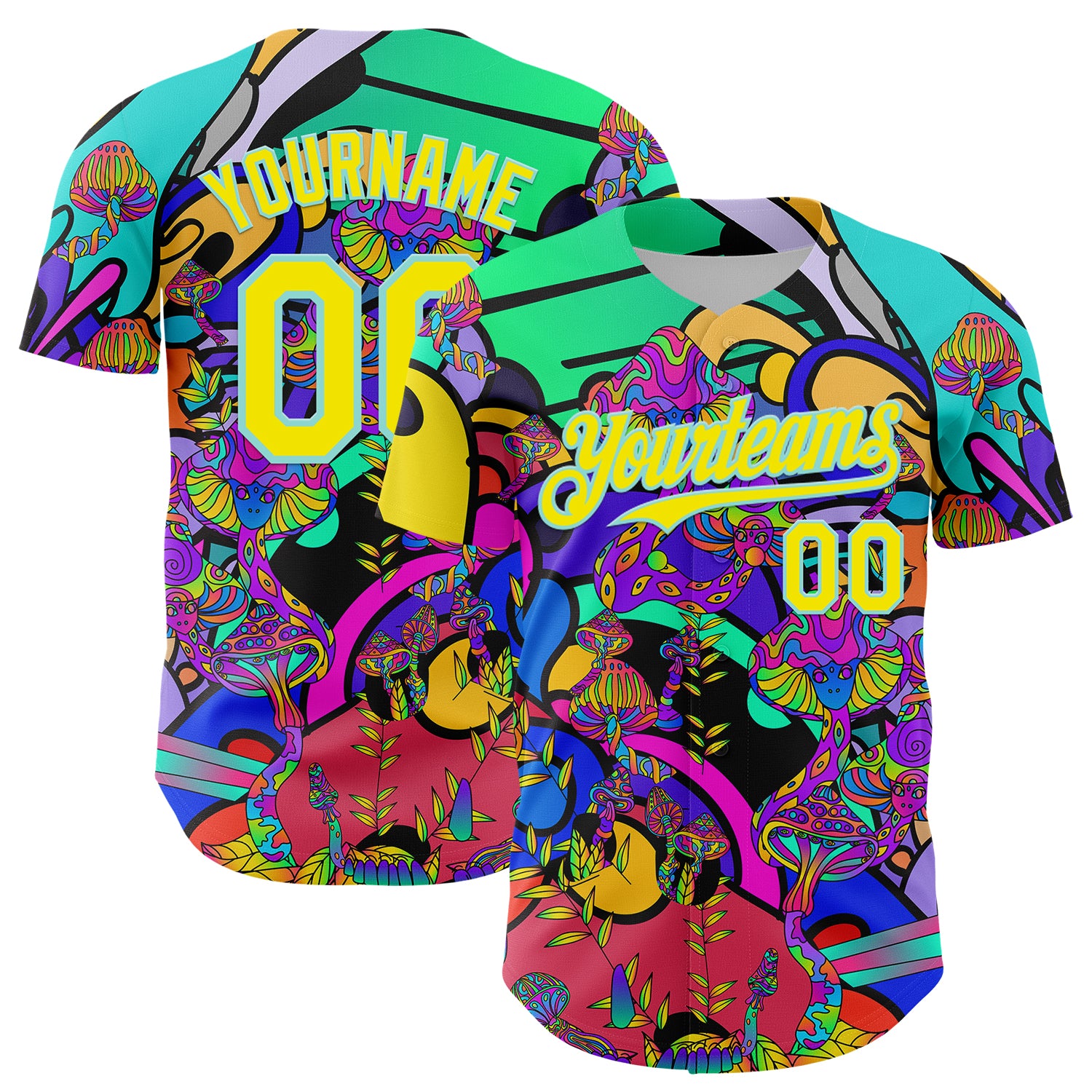 Custom Green Light Yellow-Ice Blue 3D Pattern Design Trippy Magic Mushrooms Hippie Authentic Baseball Jersey