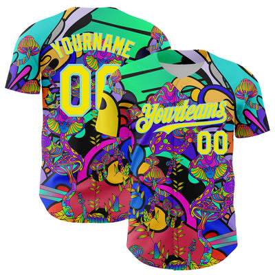 Custom Green Light Yellow-Ice Blue 3D Pattern Design Trippy Magic Mushrooms Hippie Authentic Baseball Jersey