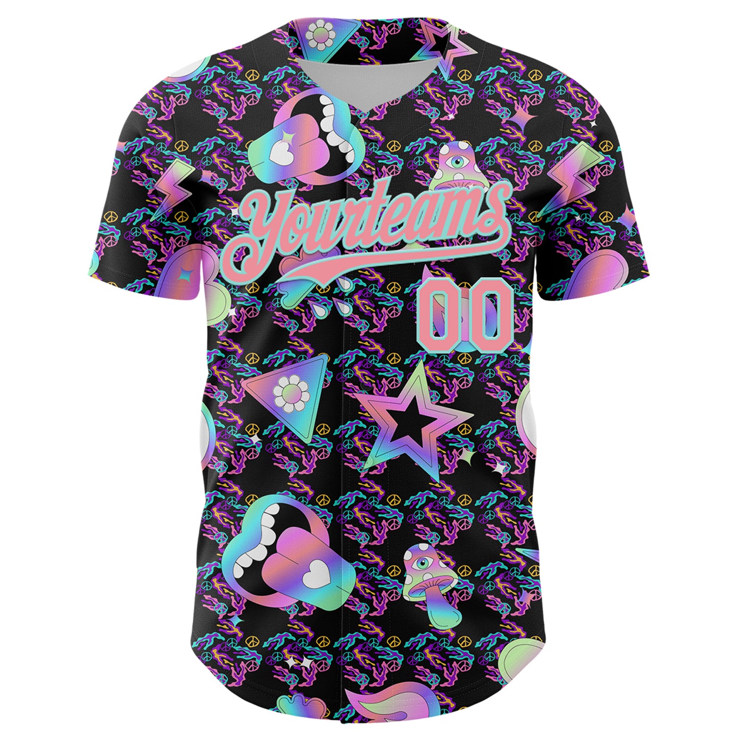 Custom Black Medium Pink-Ice Blue 3D Pattern Design Trippy Magic Mushrooms Peace Sign Authentic Baseball Jersey
