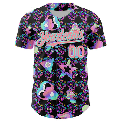 Custom Black Medium Pink-Ice Blue 3D Pattern Design Trippy Magic Mushrooms Peace Sign Authentic Baseball Jersey