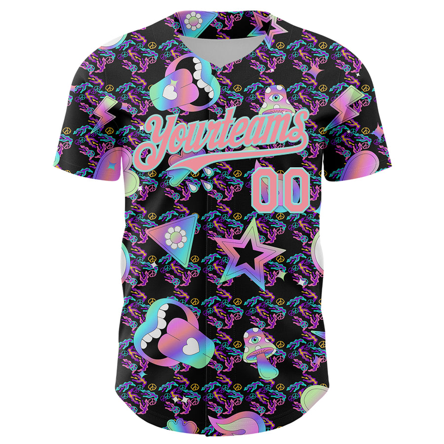 Custom Black Medium Pink-Ice Blue 3D Pattern Design Trippy Magic Mushrooms Peace Sign Authentic Baseball Jersey