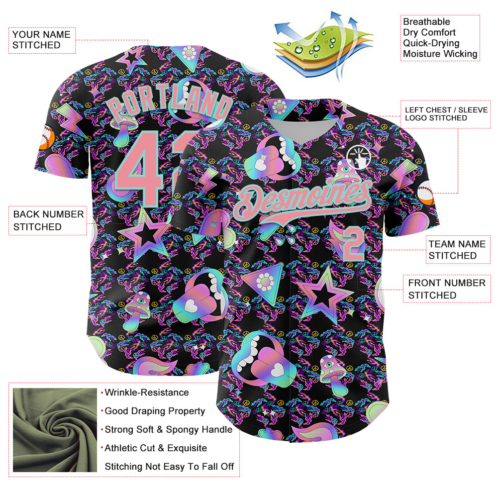 Custom Black Medium Pink-Ice Blue 3D Pattern Design Trippy Magic Mushrooms Peace Sign Authentic Baseball Jersey