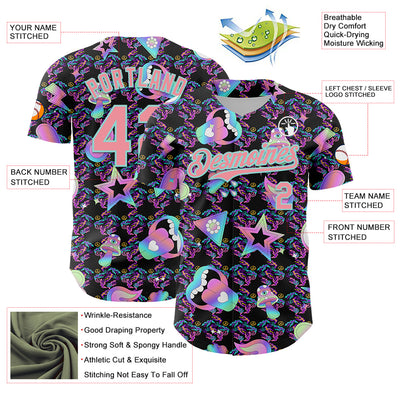 Custom Black Medium Pink-Ice Blue 3D Pattern Design Trippy Magic Mushrooms Peace Sign Authentic Baseball Jersey