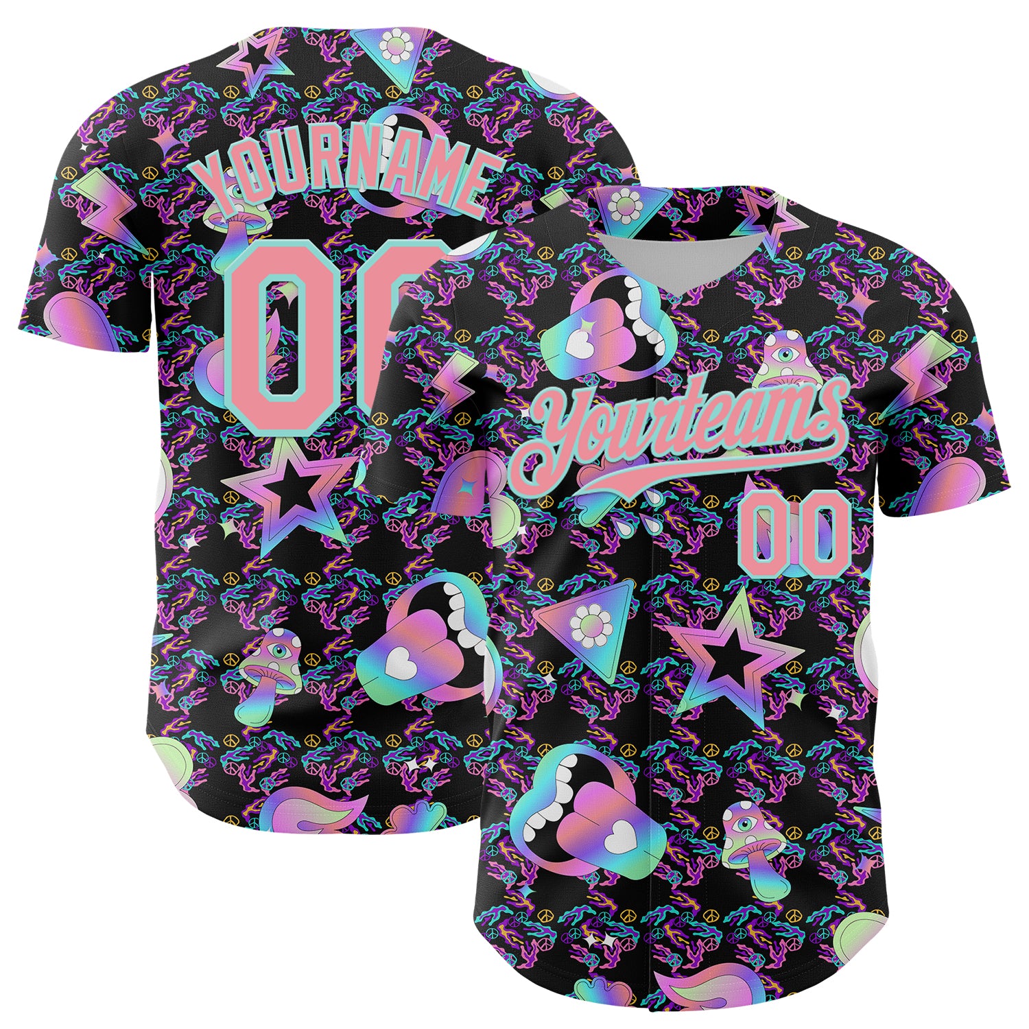 Custom Black Medium Pink-Ice Blue 3D Pattern Design Trippy Magic Mushrooms Peace Sign Authentic Baseball Jersey