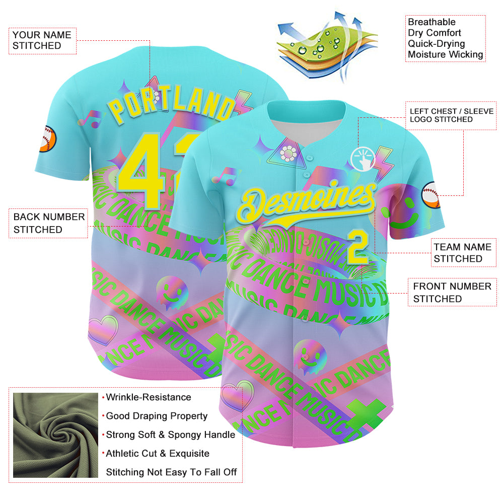 Custom Blue Light Yellow-Ice Blue 3D Pattern Design Trippy Dance Music Acid Authentic Baseball Jersey