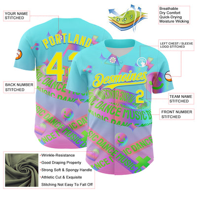 Custom Blue Light Yellow-Ice Blue 3D Pattern Design Trippy Dance Music Acid Authentic Baseball Jersey