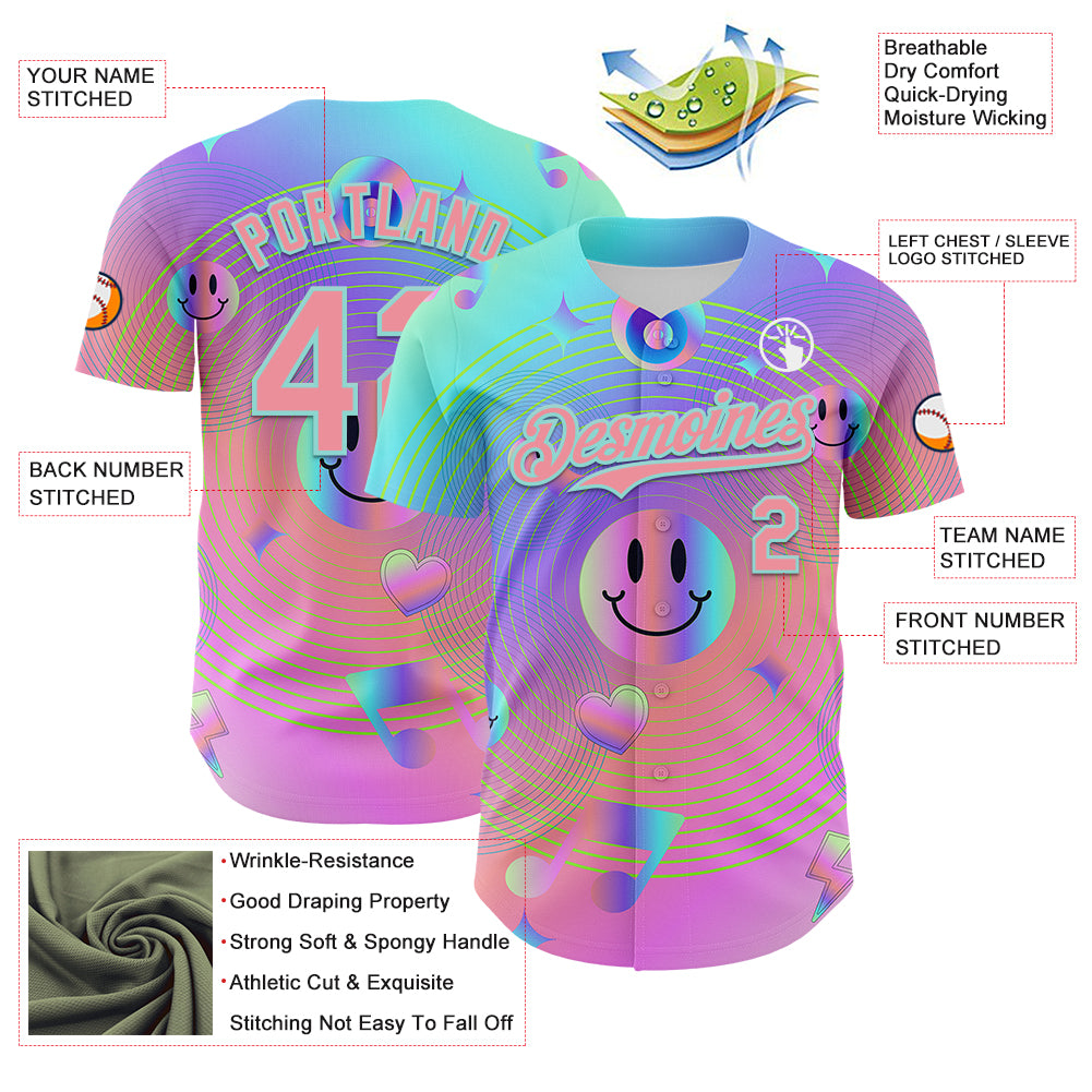 Custom Purple Medium Pink-Ice Blue 3D Pattern Design Trippy Smiley Face Acid Authentic Baseball Jersey