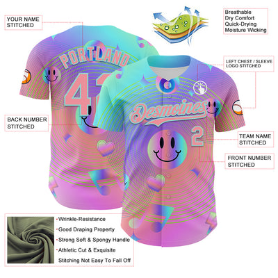 Custom Purple Medium Pink-Ice Blue 3D Pattern Design Trippy Smiley Face Acid Authentic Baseball Jersey