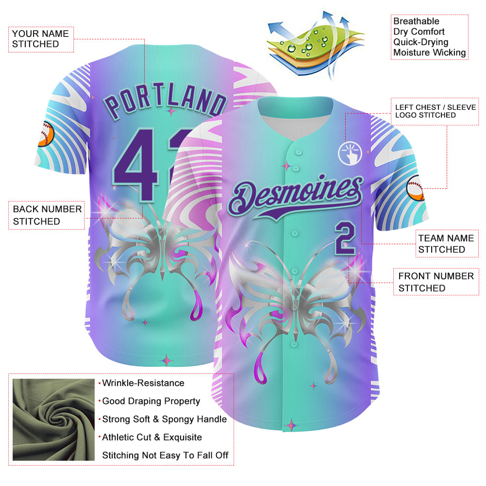 Custom Blue Purple-Ice Blue 3D Pattern Design Trippy Acid Butterfly Authentic Baseball Jersey