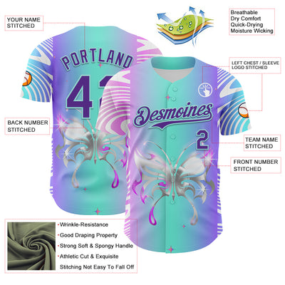 Custom Blue Purple-Ice Blue 3D Pattern Design Trippy Acid Butterfly Authentic Baseball Jersey