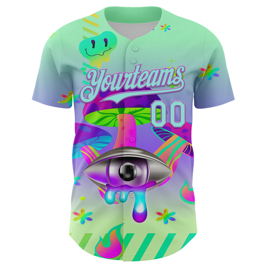 Custom Green Ice Blue-Medium Purple 3D Pattern Design Trippy Magic Mushrooms Acid Authentic Baseball Jersey