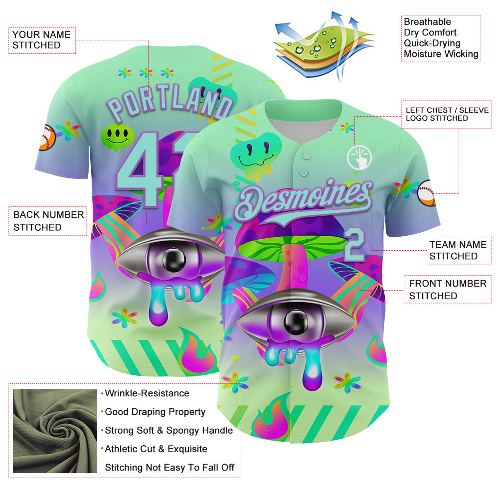 Custom Green Ice Blue-Medium Purple 3D Pattern Design Trippy Magic Mushrooms Acid Authentic Baseball Jersey