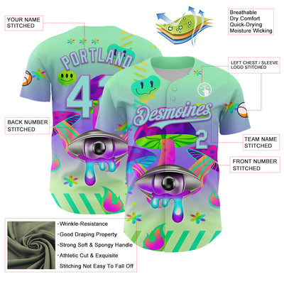 Custom Green Ice Blue-Medium Purple 3D Pattern Design Trippy Magic Mushrooms Acid Authentic Baseball Jersey