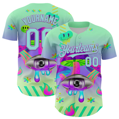Custom Green Ice Blue-Medium Purple 3D Pattern Design Trippy Magic Mushrooms Acid Authentic Baseball Jersey