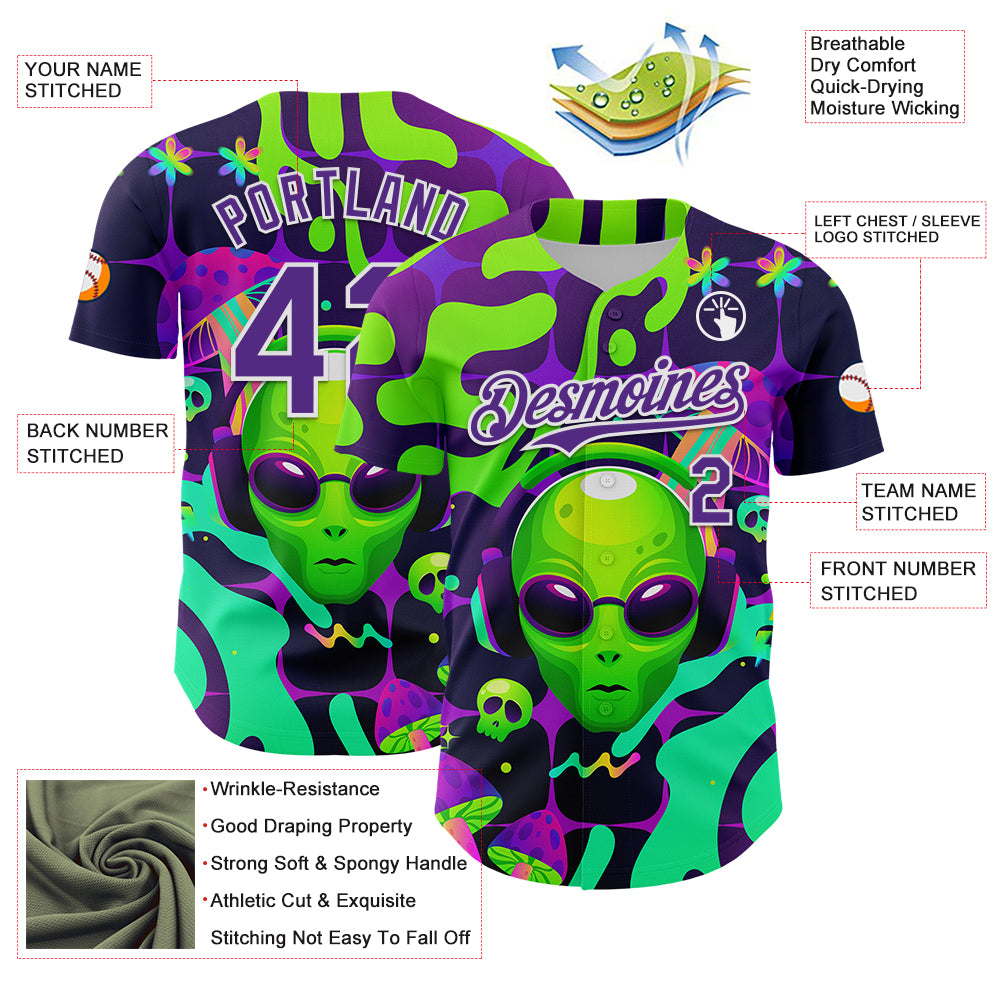 Custom Black Purple-White 3D Pattern Design Trippy Skull Alien Authentic Baseball Jersey