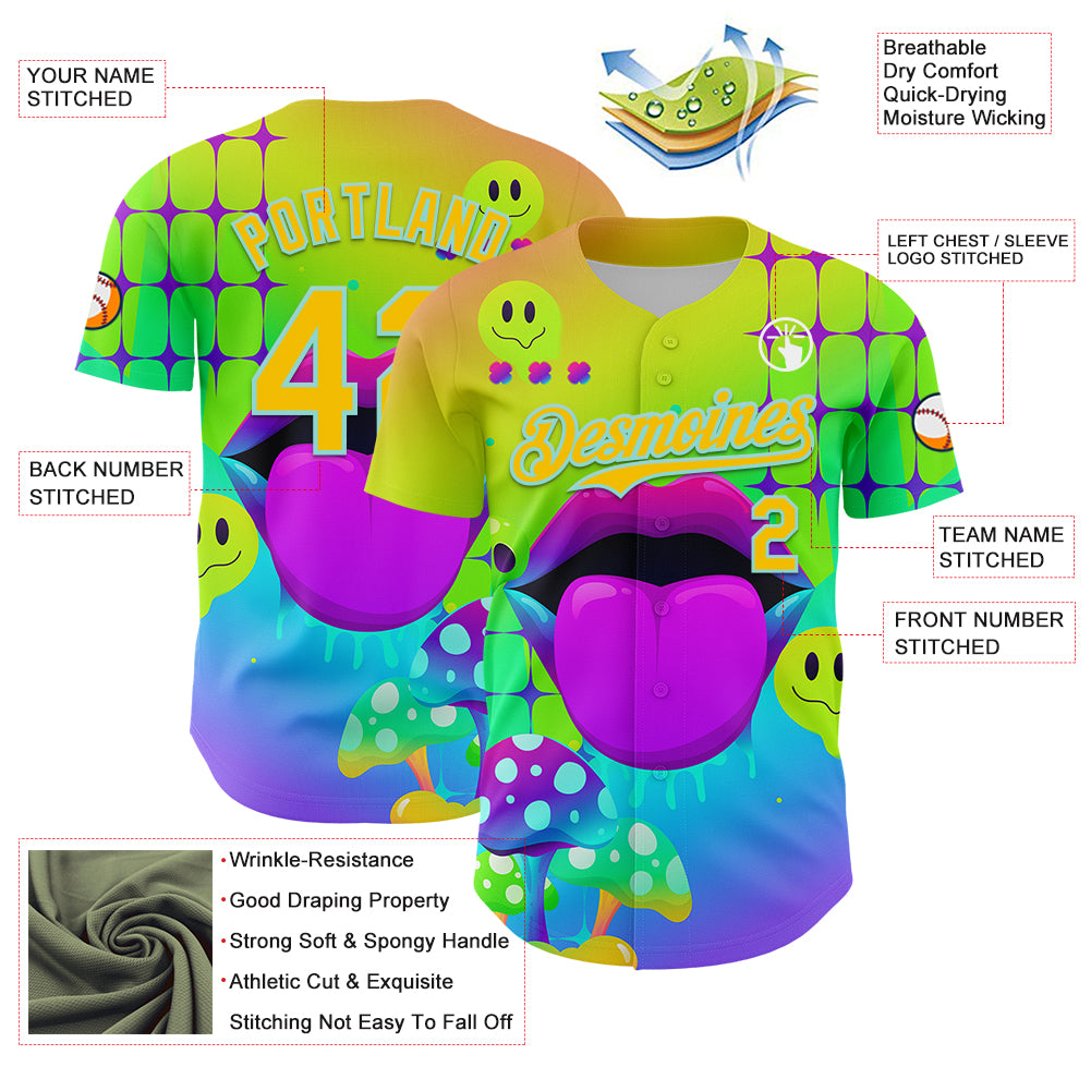 Custom Green Yellow-Ice Blue 3D Pattern Design Trippy Magic Mushrooms Acid Authentic Baseball Jersey