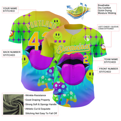 Custom Green Yellow-Ice Blue 3D Pattern Design Trippy Magic Mushrooms Acid Authentic Baseball Jersey