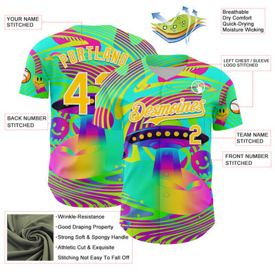 Custom Green Yellow-White 3D Pattern Design Trippy Acid UFO Authentic Baseball Jersey