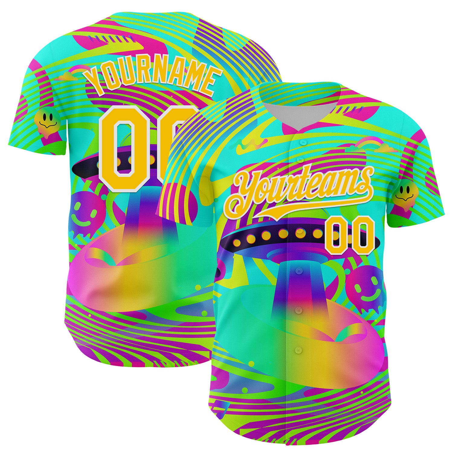 Custom Green Yellow-White 3D Pattern Design Trippy Acid UFO Authentic Baseball Jersey
