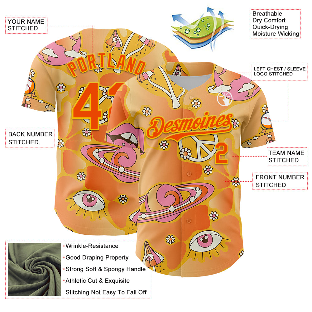 Custom Gold Orange-Yellow 3D Pattern Design Trippy Magic Mushrooms Groove Authentic Baseball Jersey