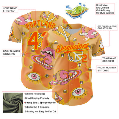 Custom Gold Orange-Yellow 3D Pattern Design Trippy Magic Mushrooms Groove Authentic Baseball Jersey