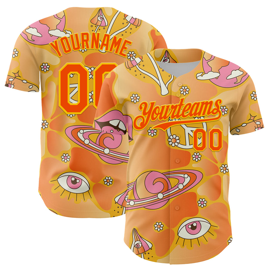 Custom Gold Orange-Yellow 3D Pattern Design Trippy Magic Mushrooms Groove Authentic Baseball Jersey