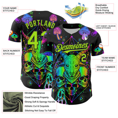 Custom Black Neon Green 3D Pattern Design Trippy Magic Mushrooms Goat Skull Authentic Baseball Jersey