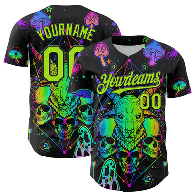 Custom Black Neon Green 3D Pattern Design Trippy Magic Mushrooms Goat Skull Authentic Baseball Jersey