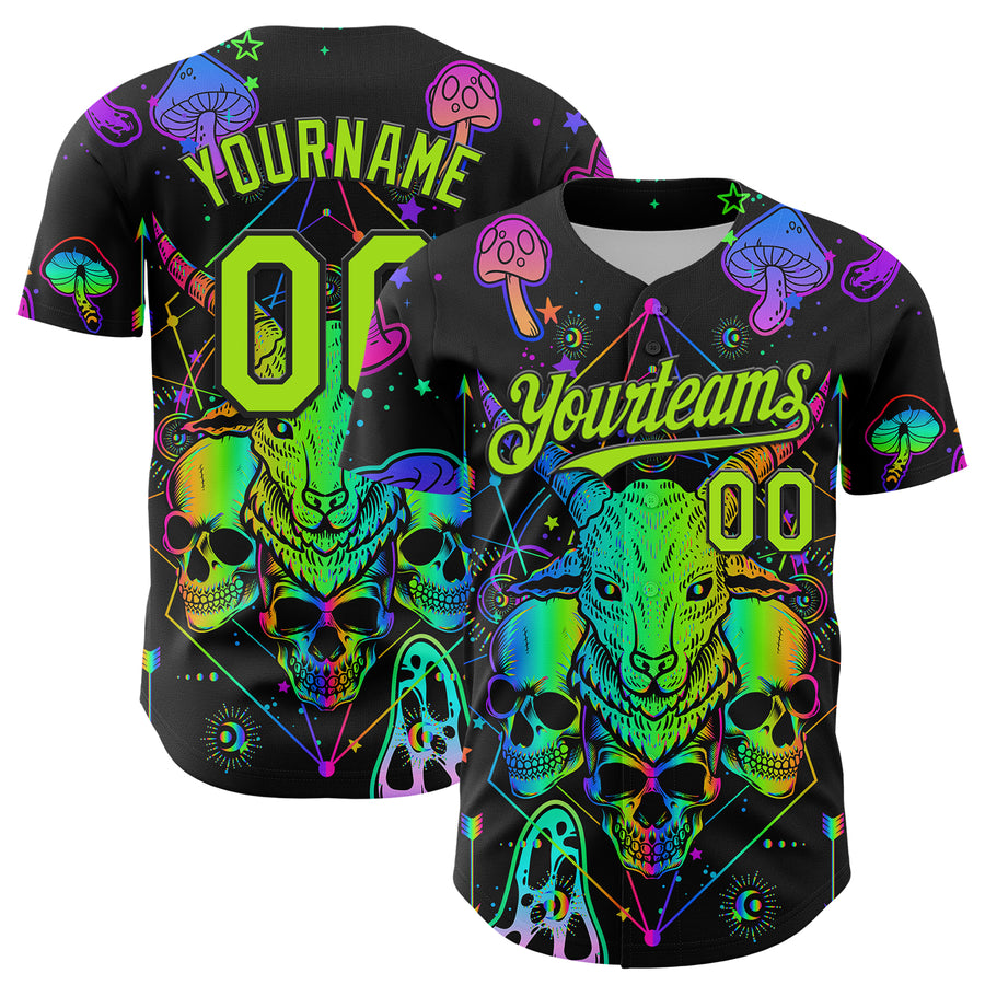 Custom Black Neon Green 3D Pattern Design Trippy Magic Mushrooms Goat Skull Authentic Baseball Jersey