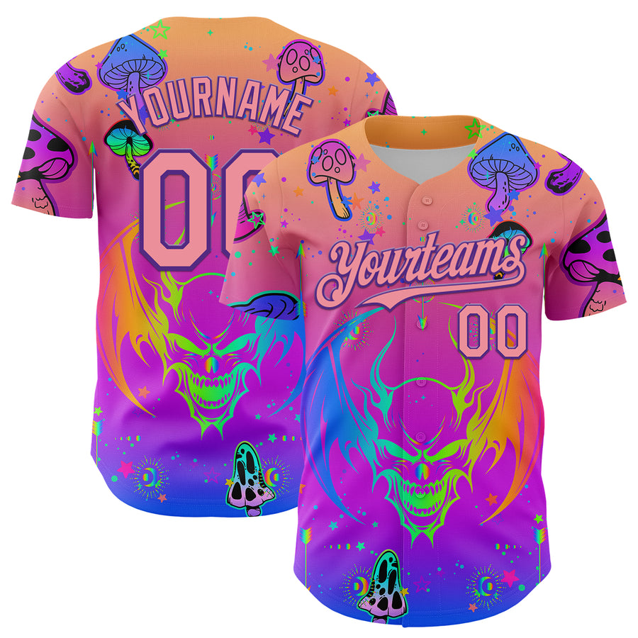 Custom Pink Medium Pink-Purple 3D Pattern Design Trippy Magic Mushrooms Dragon Authentic Baseball Jersey