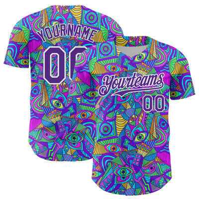 Custom Purple White 3D Pattern Design Trippy Psychedelic Eyes Authentic Baseball Jersey
