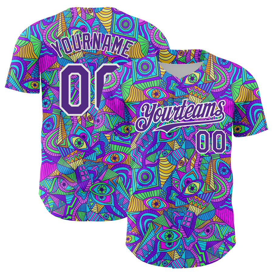 Custom Purple White 3D Pattern Design Trippy Psychedelic Eyes Authentic Baseball Jersey