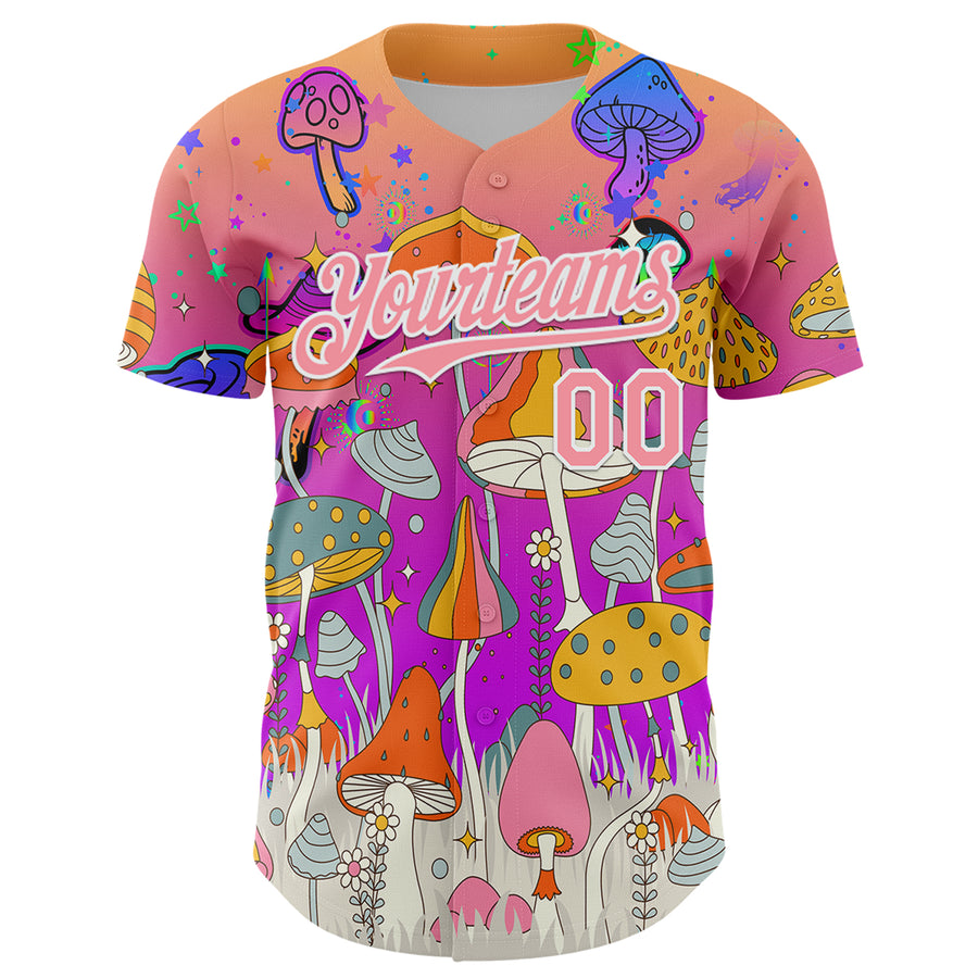 Custom Pink Medium Pink Purple-White 3D Pattern Design Trippy Magic Mushrooms Hippie Authentic Baseball Jersey