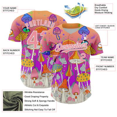 Custom Pink Medium Pink Purple-White 3D Pattern Design Trippy Magic Mushrooms Hippie Authentic Baseball Jersey
