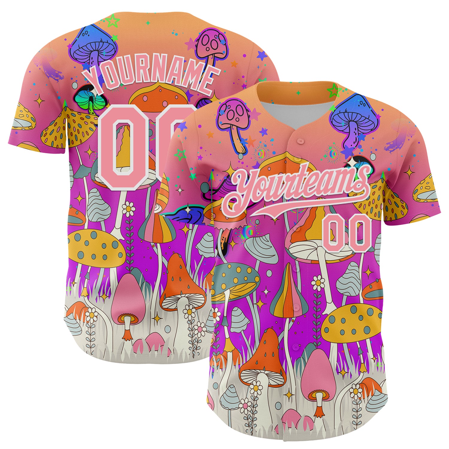 Custom Pink Medium Pink Purple-White 3D Pattern Design Trippy Magic Mushrooms Hippie Authentic Baseball Jersey
