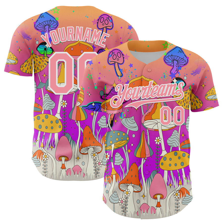 Custom Pink Medium Pink Purple-White 3D Pattern Design Trippy Magic Mushrooms Hippie Authentic Baseball Jersey