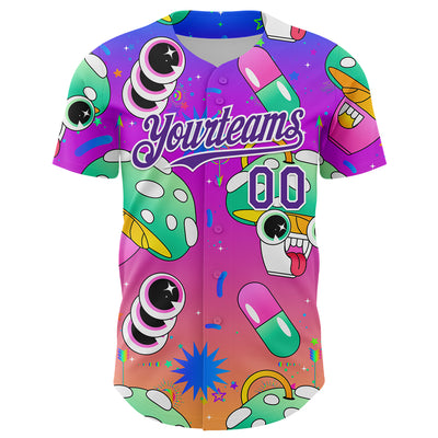 Custom Purple White 3D Pattern Design Trippy Psychedelic Magic Mushrooms Authentic Baseball Jersey